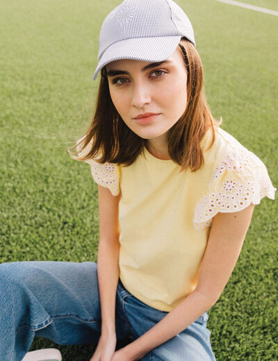 T-shirt manches brodées jaune clair femme