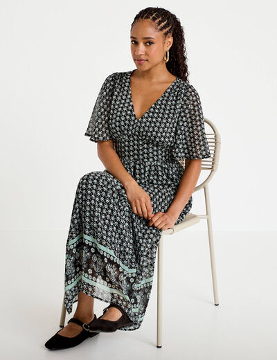 Robe longue &eacute;vas&eacute;e col v voile noir femme