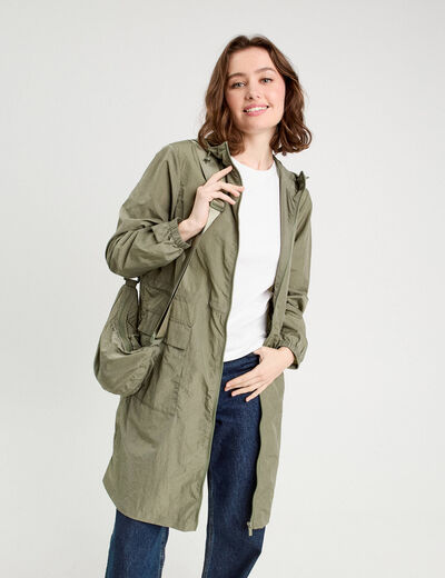 Parka déperlante 2-en-1 avec pochette vert kaki femme