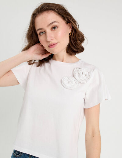 T-shirt détails fleurs blanc femme