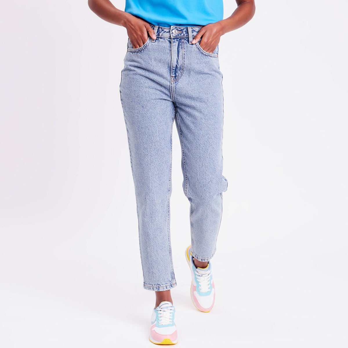 Jeans mom taille haute denim bleach femme