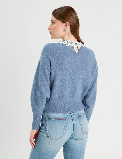 Pull col claudine dentelle bleu femme