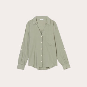 Chemise manches longues contenant du lin vert kaki femme