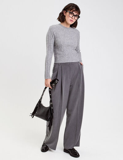 Pull ajusté col rond manches longues gris foncé femme
