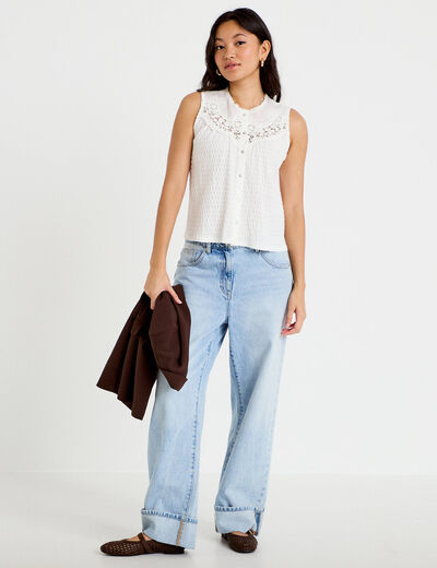 Blouse sans manches plastron brod&eacute; ecru femme
