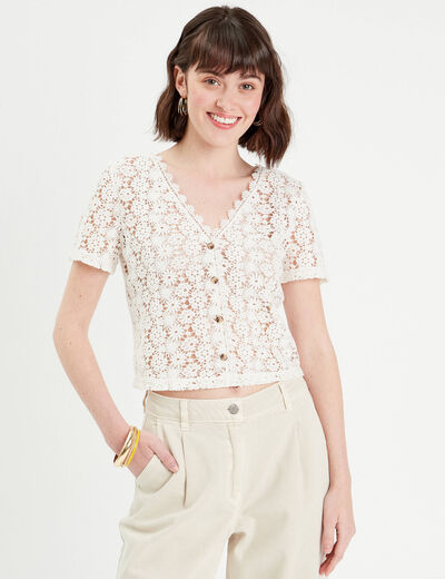 Gilet macramé boutonné ecru femme