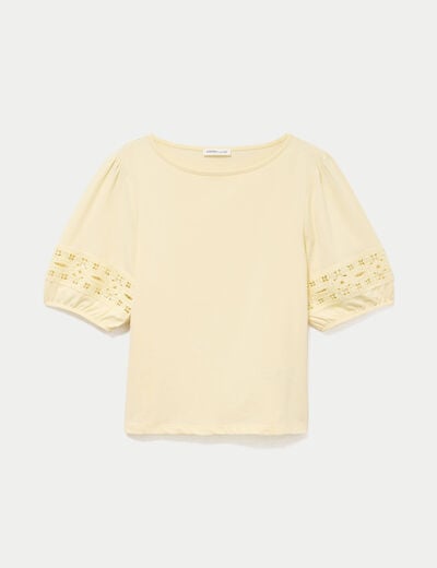 T-shirt col rond manches courtes jaune pastel femme