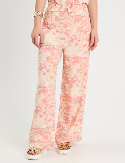 Pantalon large avec ceinture beige femme