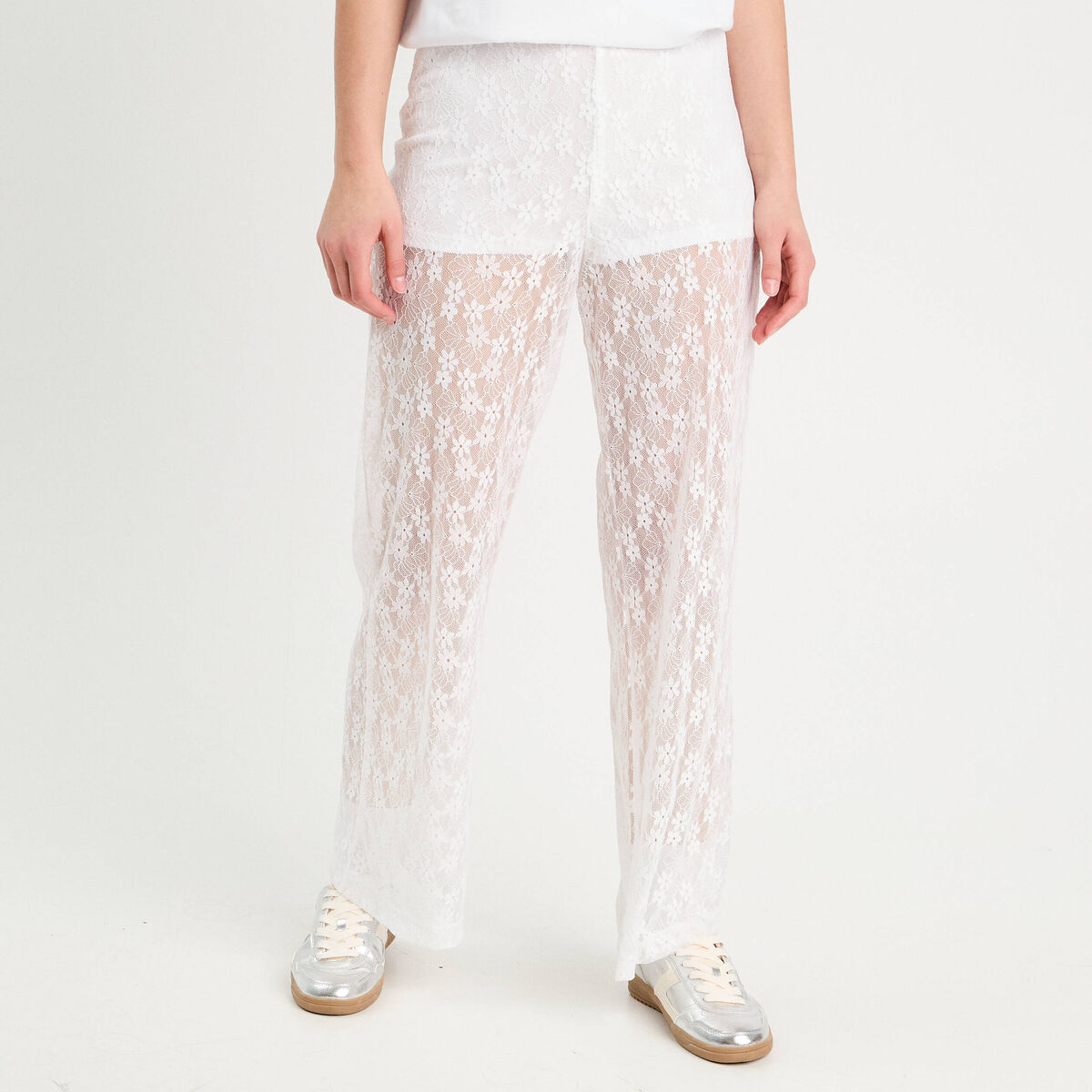 Pantalon dentelle large blanc femme