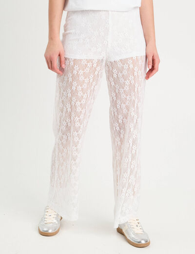 Pantalon dentelle large blanc femme