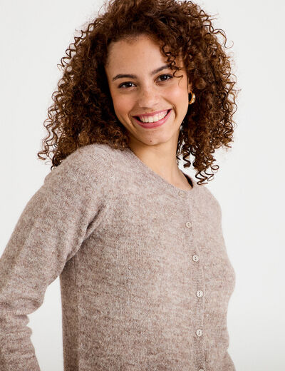 Gilet col rond manches longues taupe femme