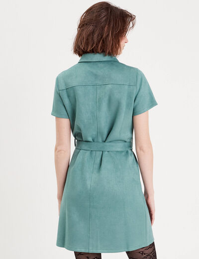 Robe suédine droite ceinturée vert foncé femme