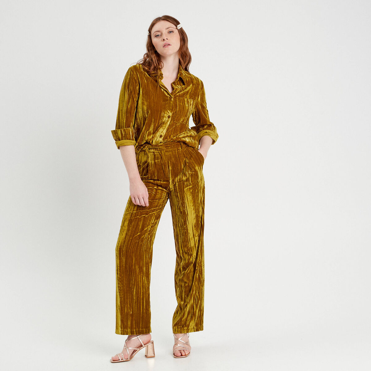 Pantalon large fluide velours vert olive femme