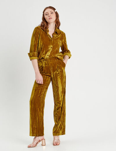 Pantalon large fluide velours vert olive femme