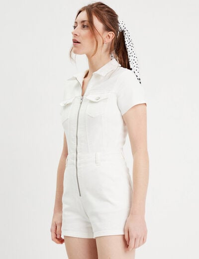 Combishort zippée en jean ecru femme