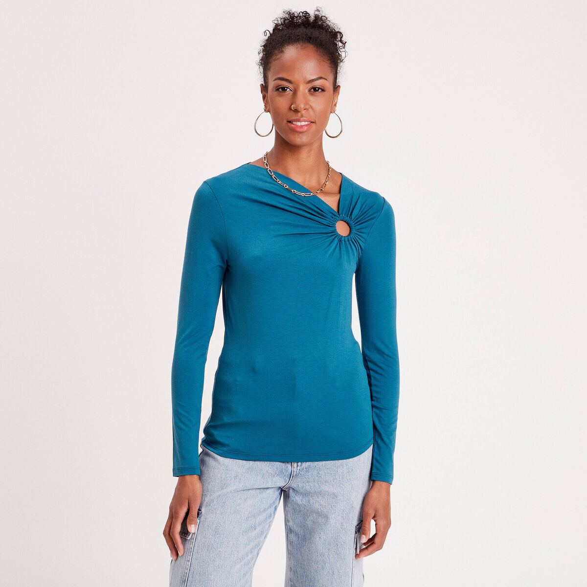 Blouse manches longues anneau bleu canard femme