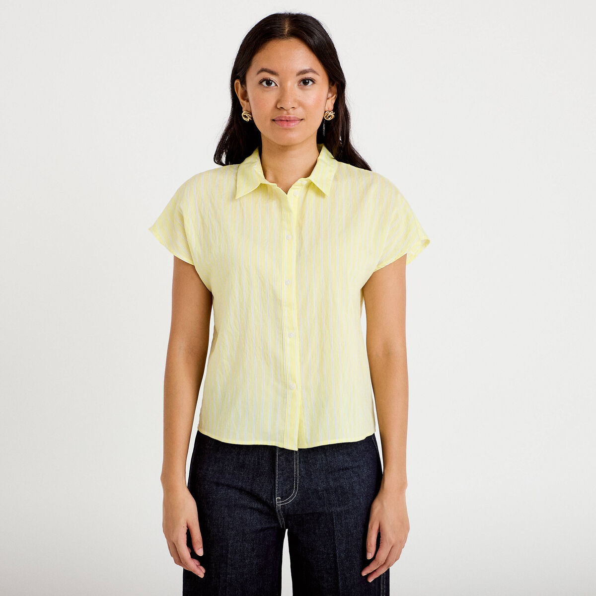 Chemise ample pliss&eacute;e manches courtes jaune femme