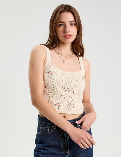 Débardeur tricot brodé ecru femme