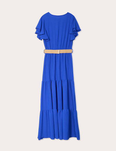 Robe longue évasée ceinturée bleu electrique femme