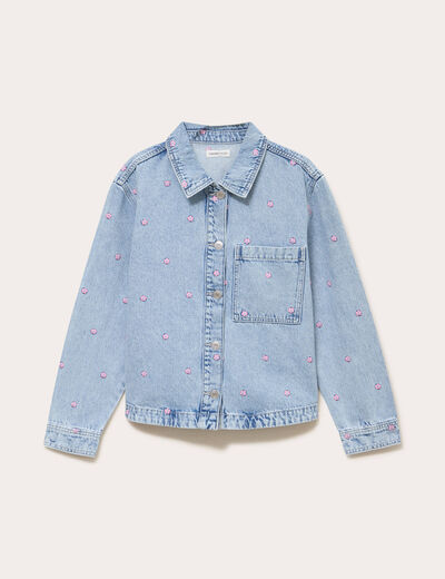 Surchemise denim broderies fleurs bleu fonc&eacute; femme