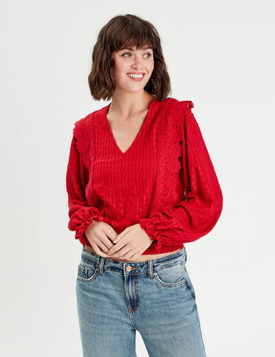 Blouse manches longues smockée rouge femme