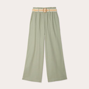 Pantalon large ceinturé contenant du lin vert kaki femme
