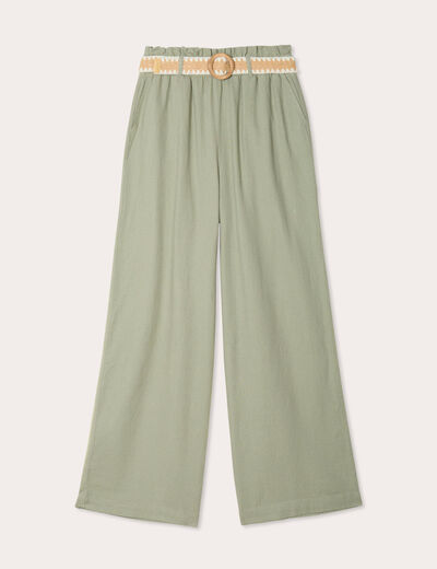 Pantalon large ceinturé contenant du lin vert kaki femme