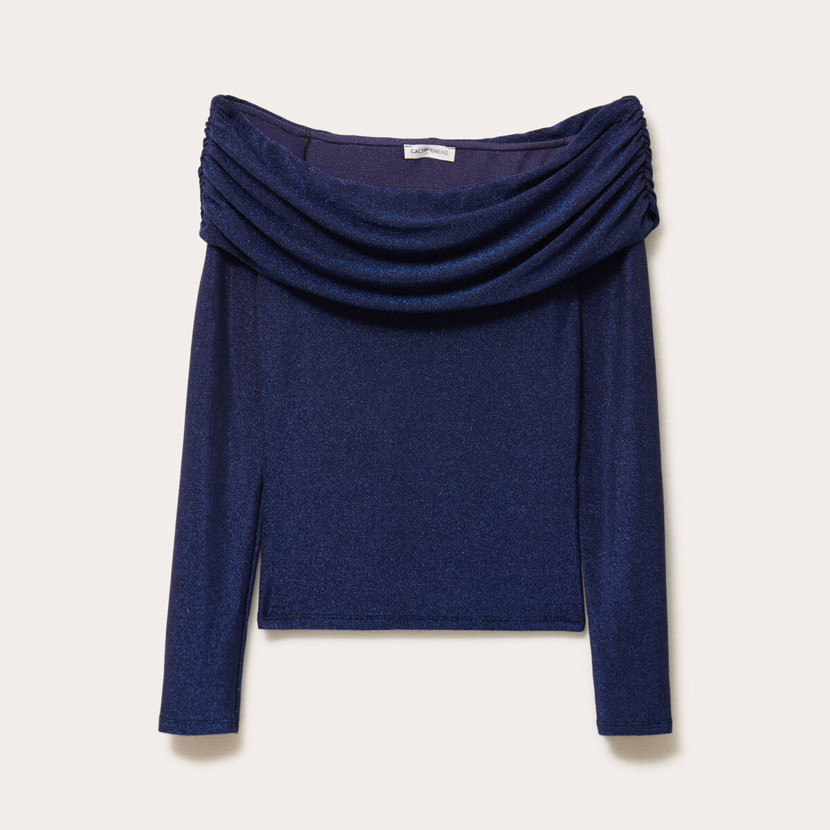 T-shirt col bardot brillant bleu fonc&eacute; femme