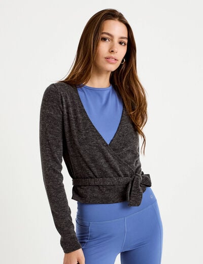 Cache-coeur droit manches longues gris fonc&eacute; femme