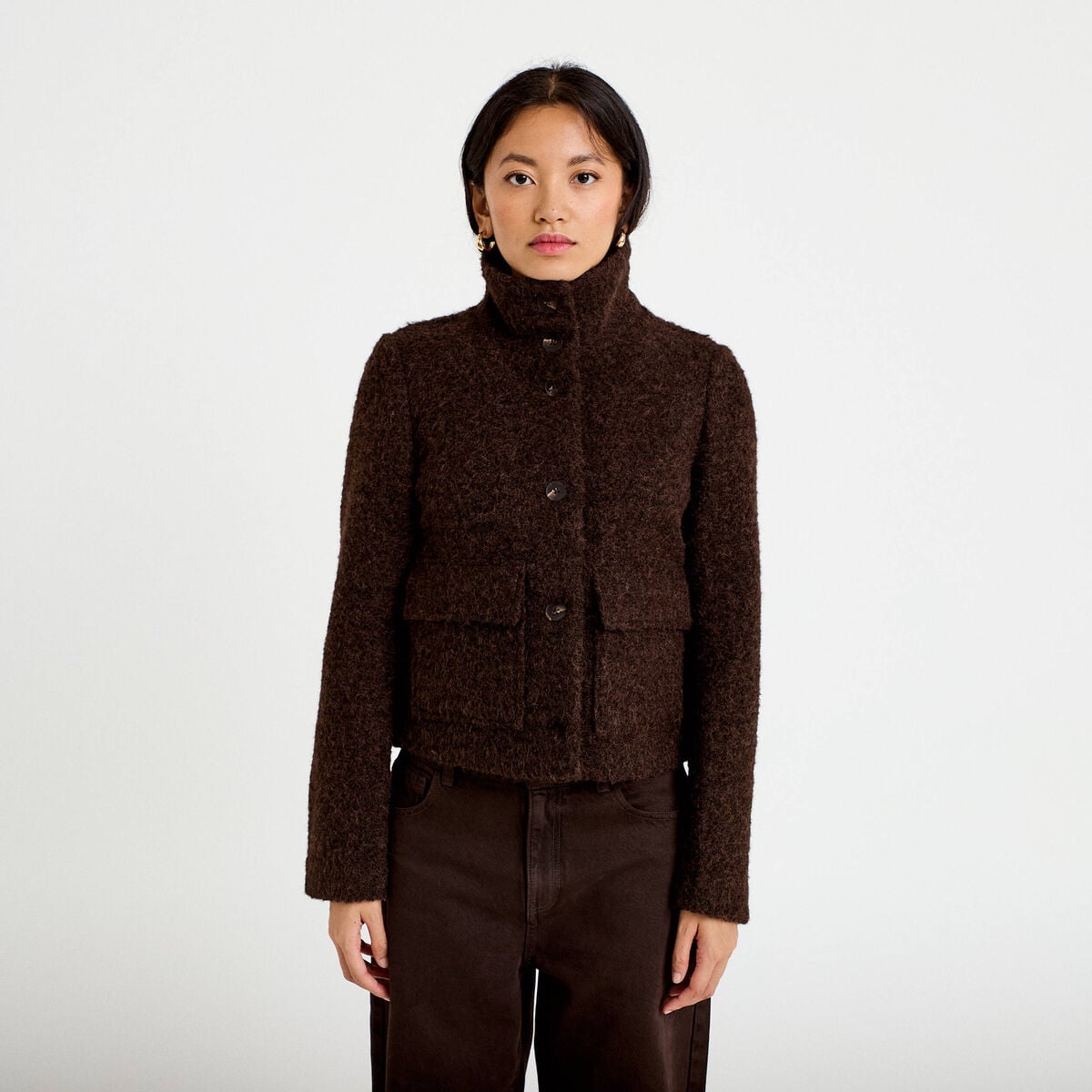 Veste droite bouclette col montant marron fonc&eacute; femme
