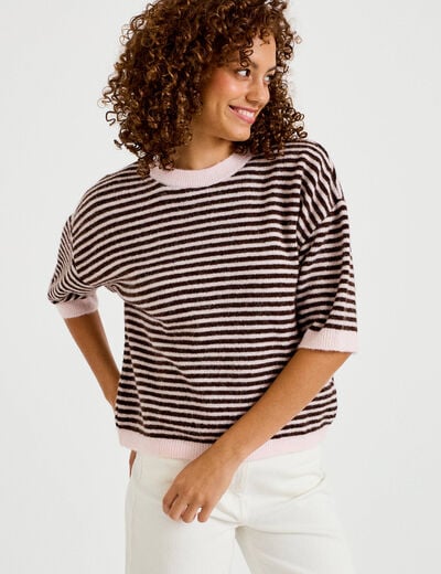 Pull ample duveteux manches courtes rose clair femme