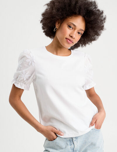 T-shirt manches brodées blanc femme