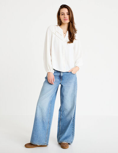 Blouse ajour&eacute;e col v manches longues ecru femme
