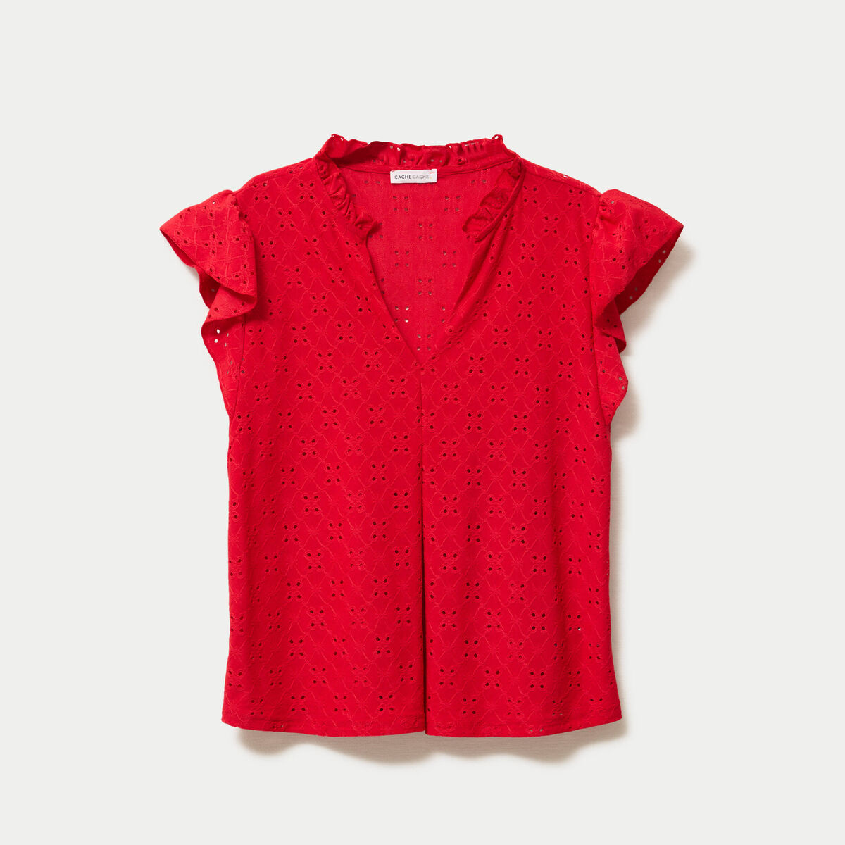Blouse ajour&eacute;e col v manches courtes rouge femme