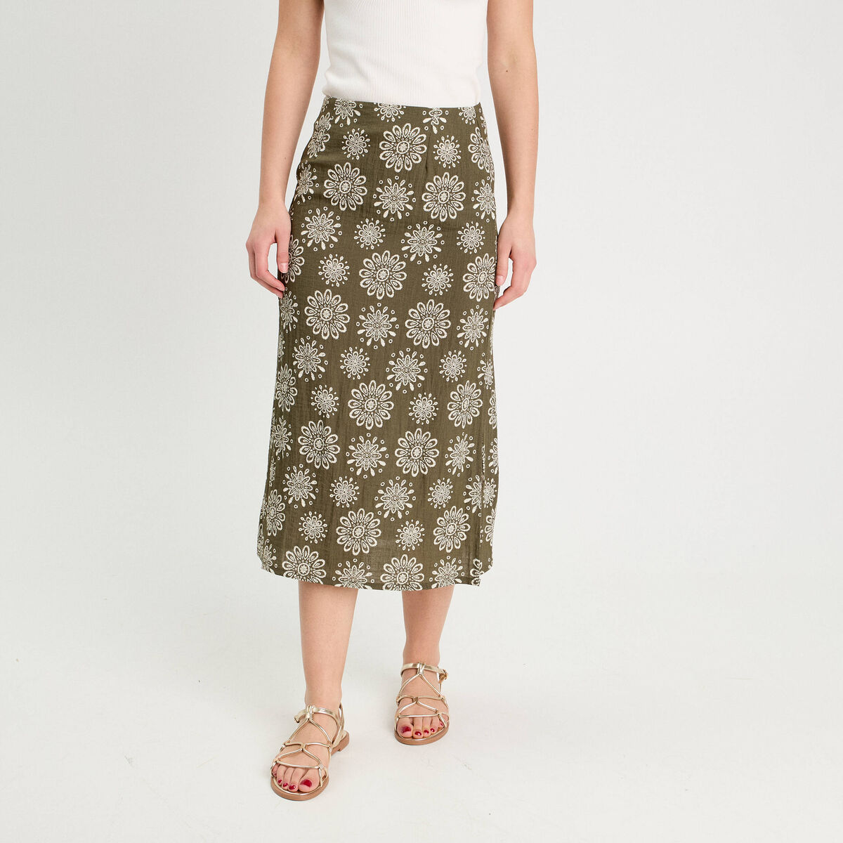 Jupe midi évasée vert kaki femme