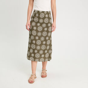 Jupe midi évasée vert kaki femme