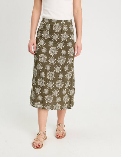 Jupe midi évasée vert kaki femme