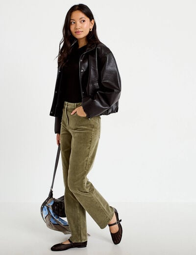 Pantalon droit en velours vert kaki femme