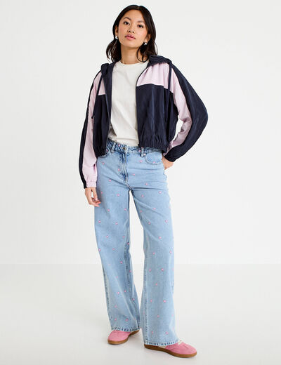 Veste cropped &agrave; capuche bas resserr&eacute; bleu marine femme