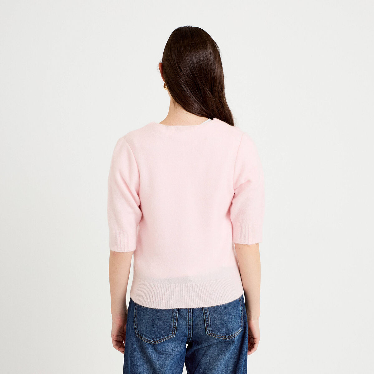 Gilet duveteux col v manches longues rose clair femme