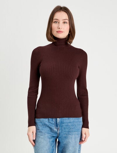 Pull c&ocirc;tel&eacute; col roul&eacute; marron fonc&eacute; femme