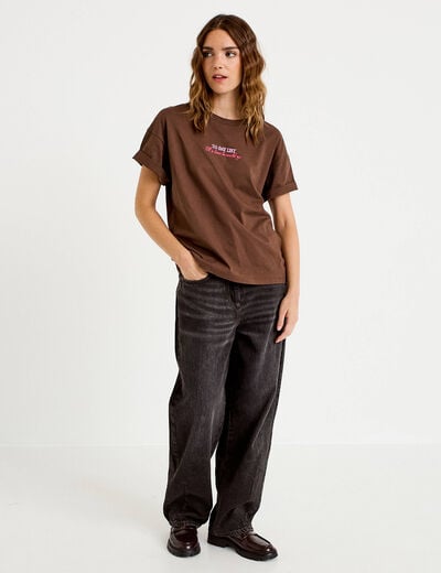 T-shirt oversize manches courtes marron fonc&eacute; femme