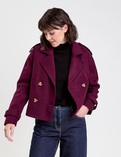 Trench court boutonné prune femme
