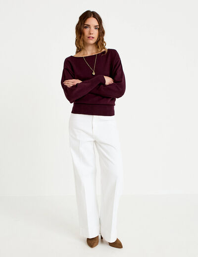 Pull oversize col bateau manches longues prune femme