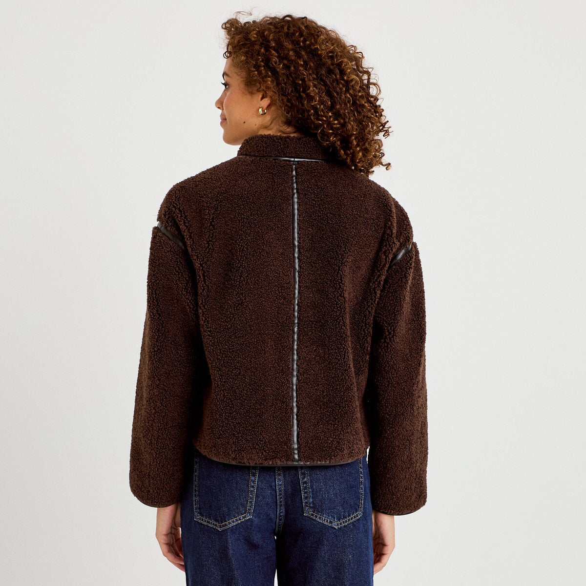 Veste effet polaire manches longues marron fonc&eacute; femme