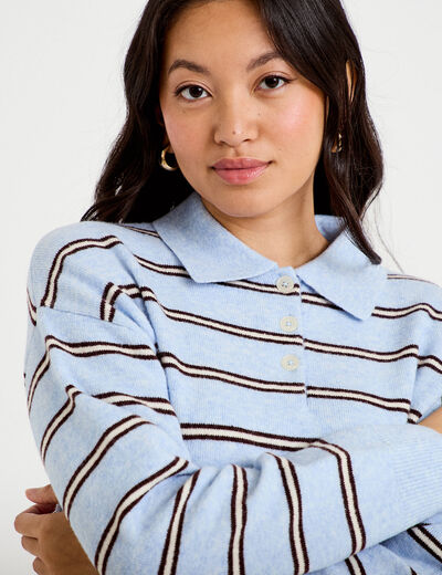 Polo manches longues col chemise bleu ciel femme