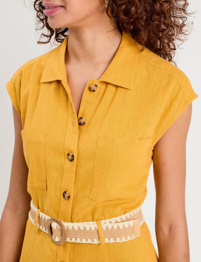Robe chemise midi contenant du lin jaune citron femme