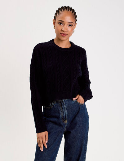 Pull avec torsades bleu marine femme