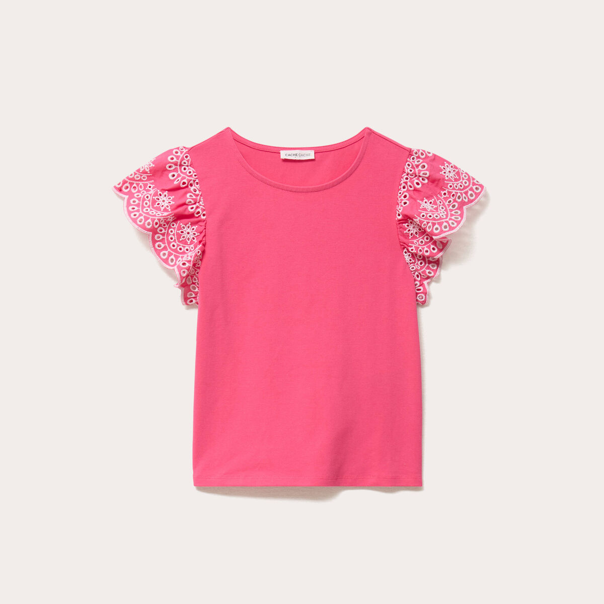 T-shirt manches brod&eacute;es rose fushia femme
