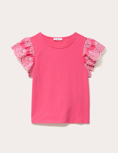T-shirt manches brod&eacute;es rose fushia femme